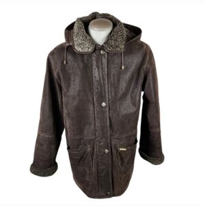 Nickelson Leather Zip Front Hooded  Chore Coat Faux Shearling Brown Size Large